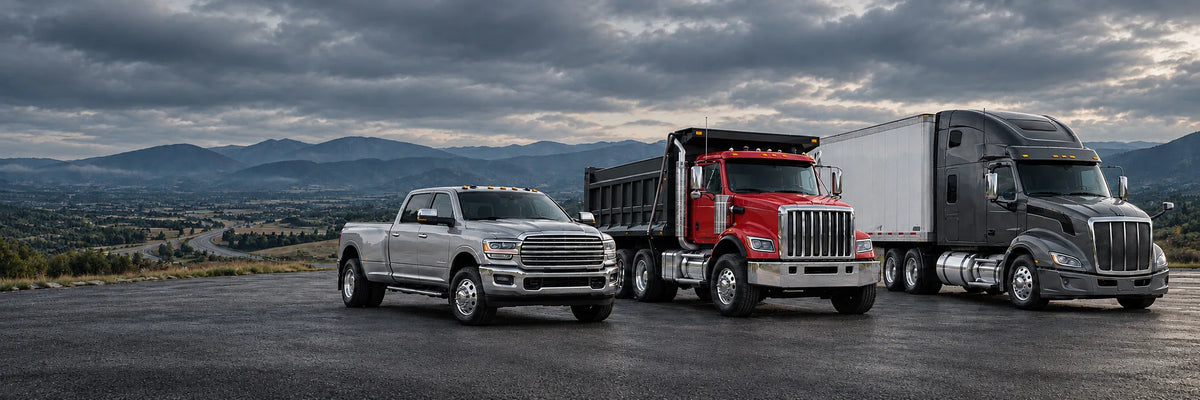 Silver pickup, red dump truck and anthracite semi-truck on an open mountain road in subdued natural afternoon light.